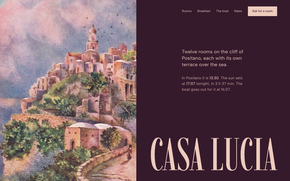 Casa Lucia on a laptop screen: a painted postcard of Positano on the left, the name in tall pink letters on dark purple