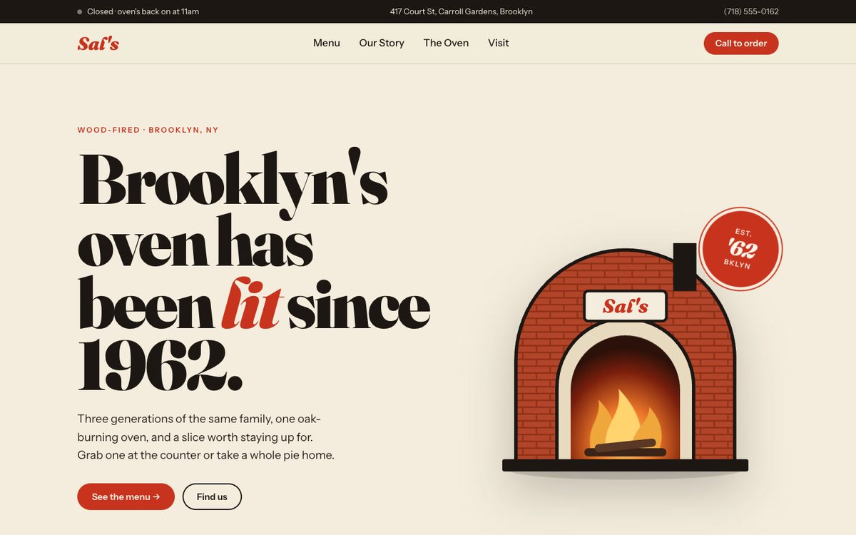 The pizza page Claude made alone: a cream page with a drawn brick oven