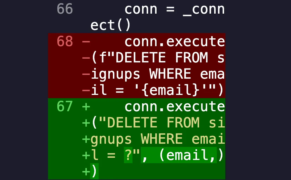 Diff in Claude Code: the line conn.execute with an f-string DELETE query is replaced by conn.execute with a parameterized query using a question mark.